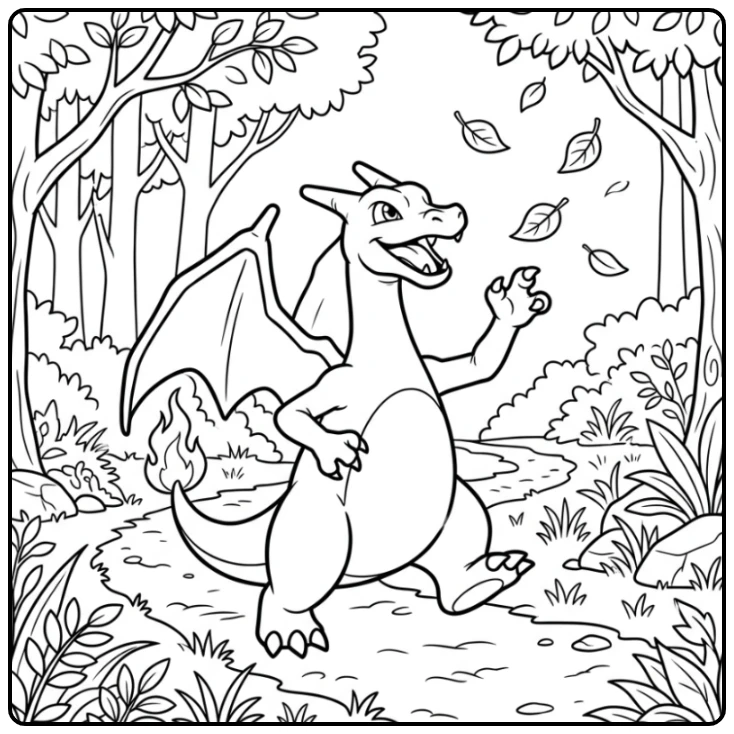 Charizard kleurplaat: speels jaagt bladeren op bospad, lijntekening.