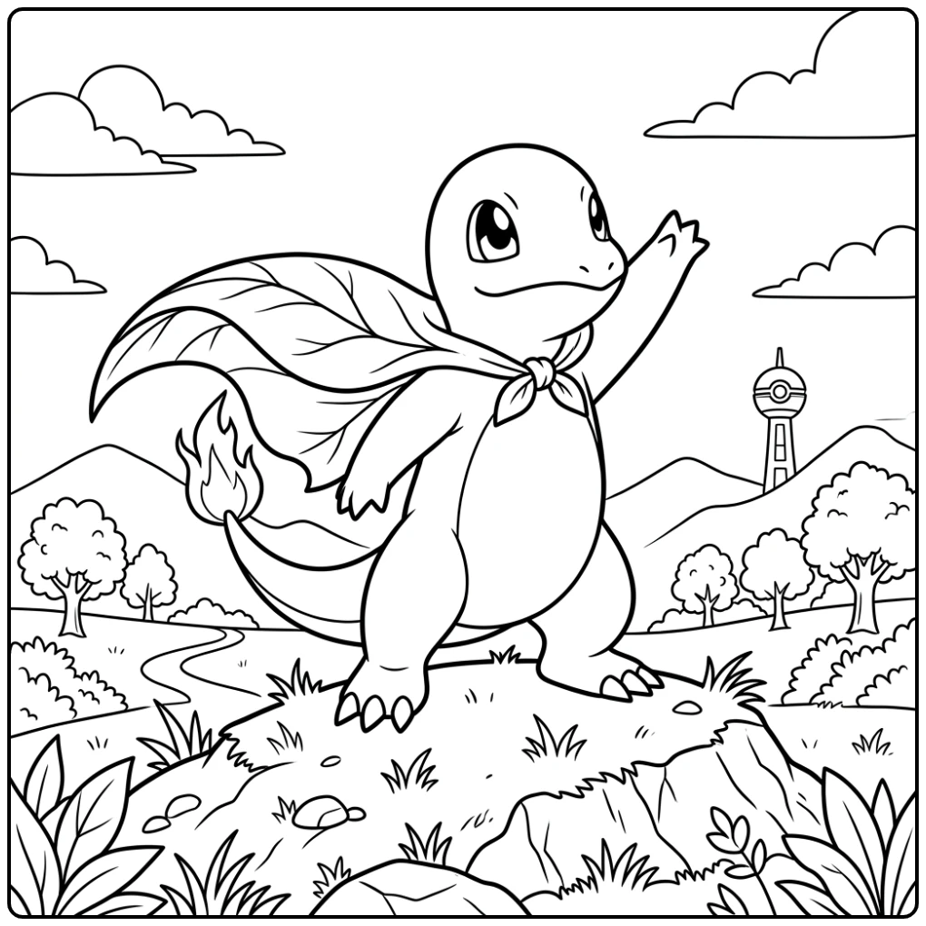 Heldhaftige charmander kleurplaat met een bladercape.