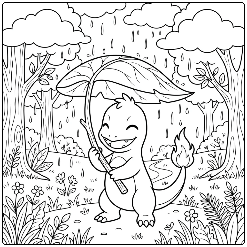 Een schattige charmander kleurplaat met een bladerparaplu.
