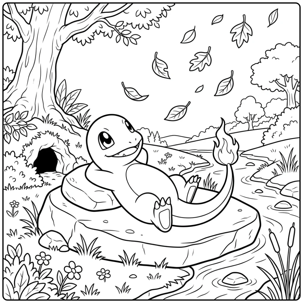 Een ontspannen charmander kleurplaat op een platte steen.