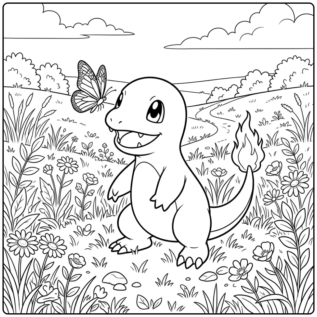 Speelse charmander kleurplaat met een vlinder in het gras.