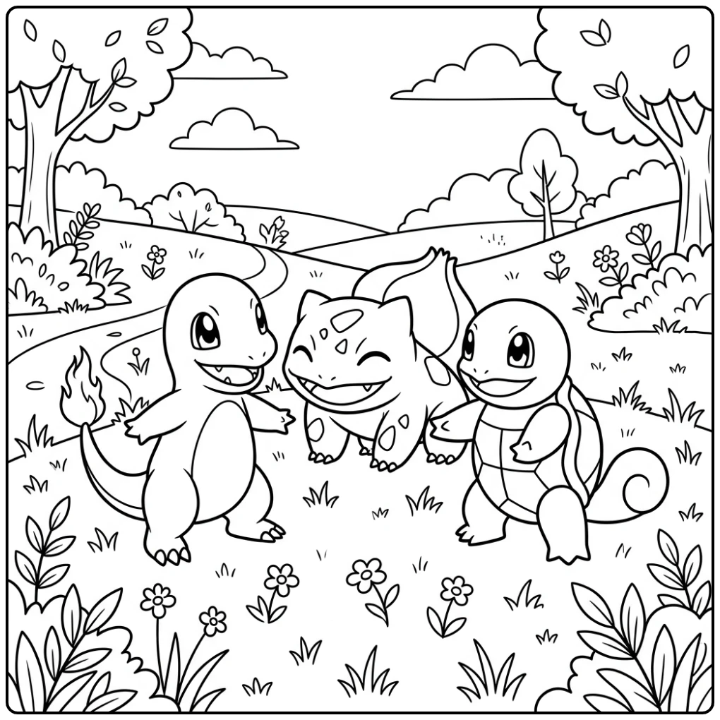 Vrolijke charmander kleurplaat met Bulbasaur en Squirtle.