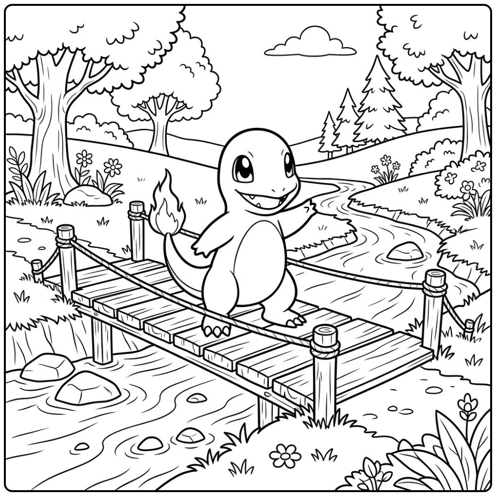 Avontuurlijke charmander kleurplaat bij een houten brug.