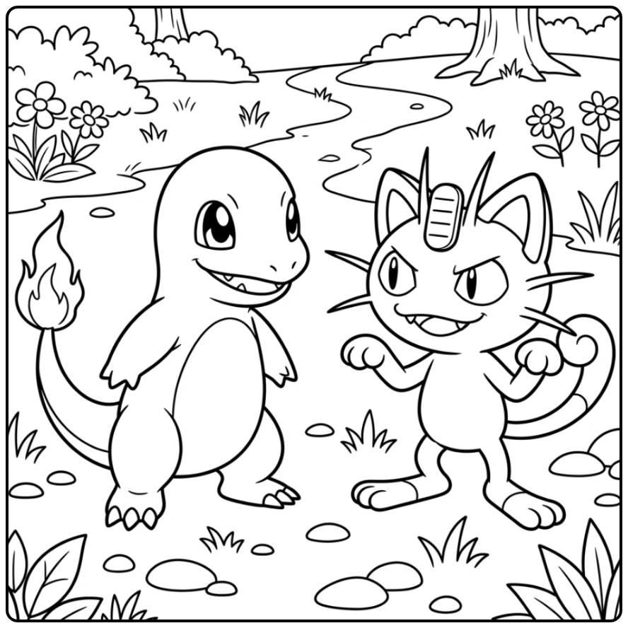 Speelse standoff met Meowth op een charmander kleurplaat.