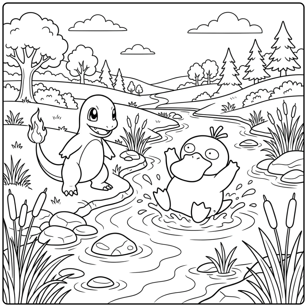 Grappige charmander kleurplaat met Psyduck bij de rivier.