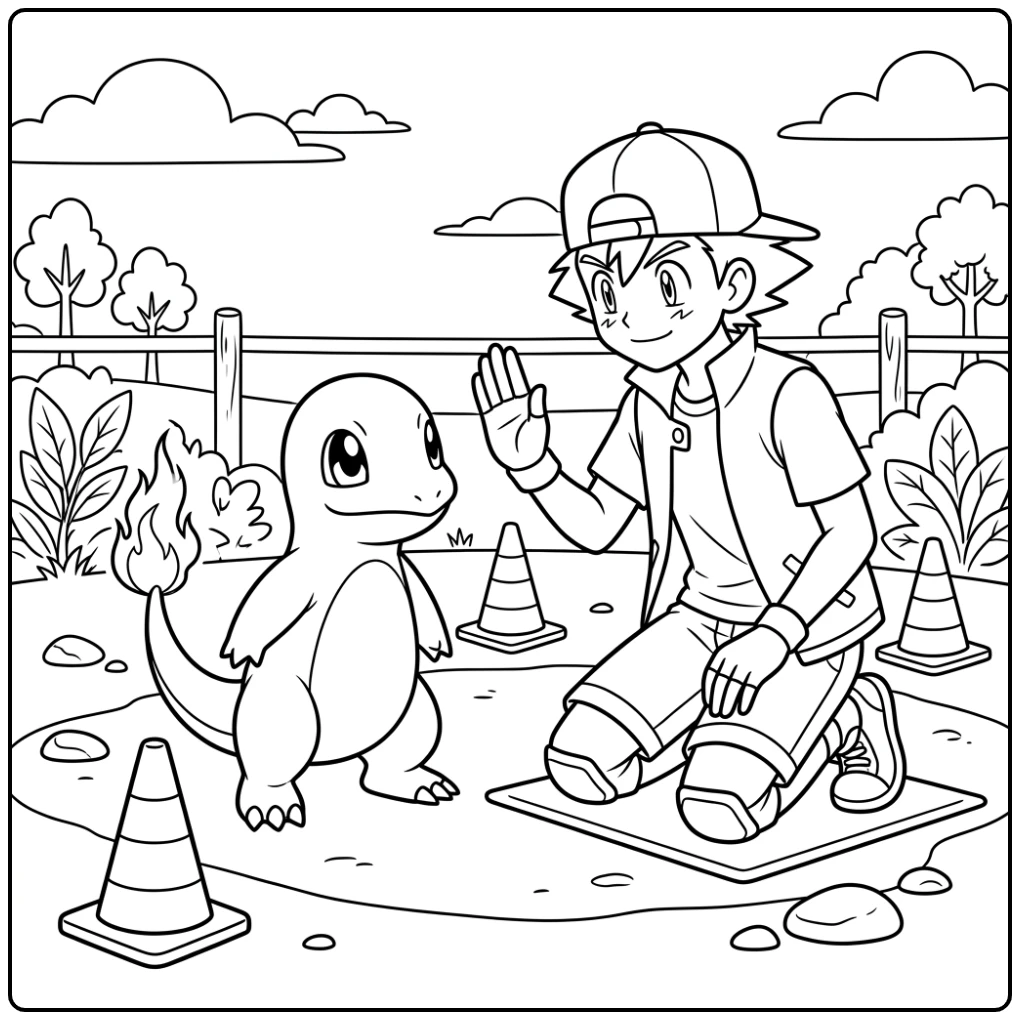 Satoshi traint zijn Pokémon op deze charmander kleurplaat.