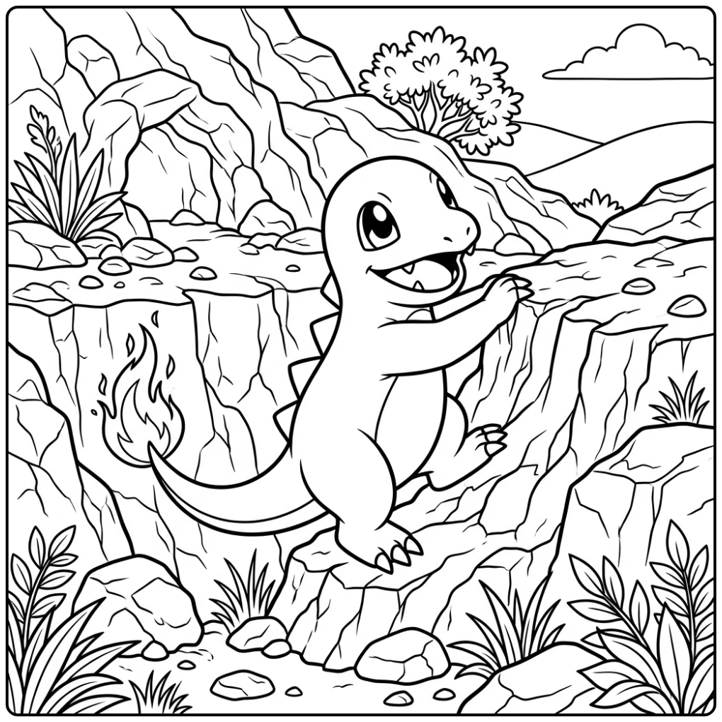 Avontuurlijke charmander kleurplaat klimmend op een rots.