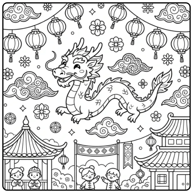 Een vrolijke chinese draak kleurplaat boven een festival.