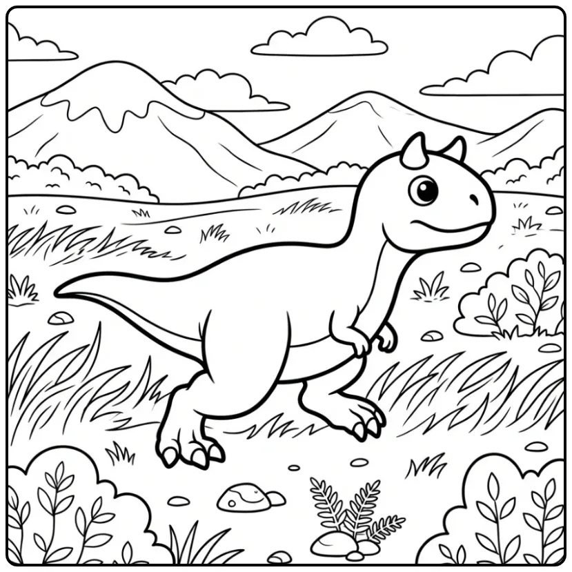 Een dino kleurplaat van een rennende Carnotaurus in het gras.