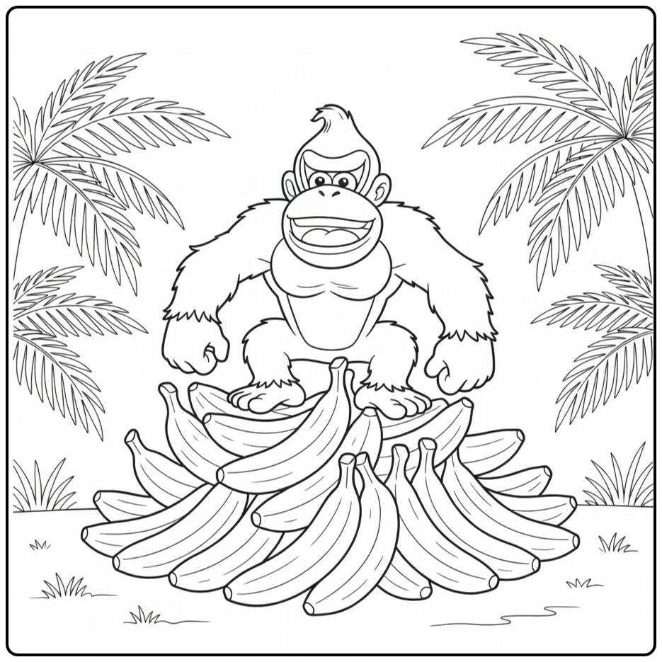 Vrolijke donkey kong kleurplaat op een berg bananen.
