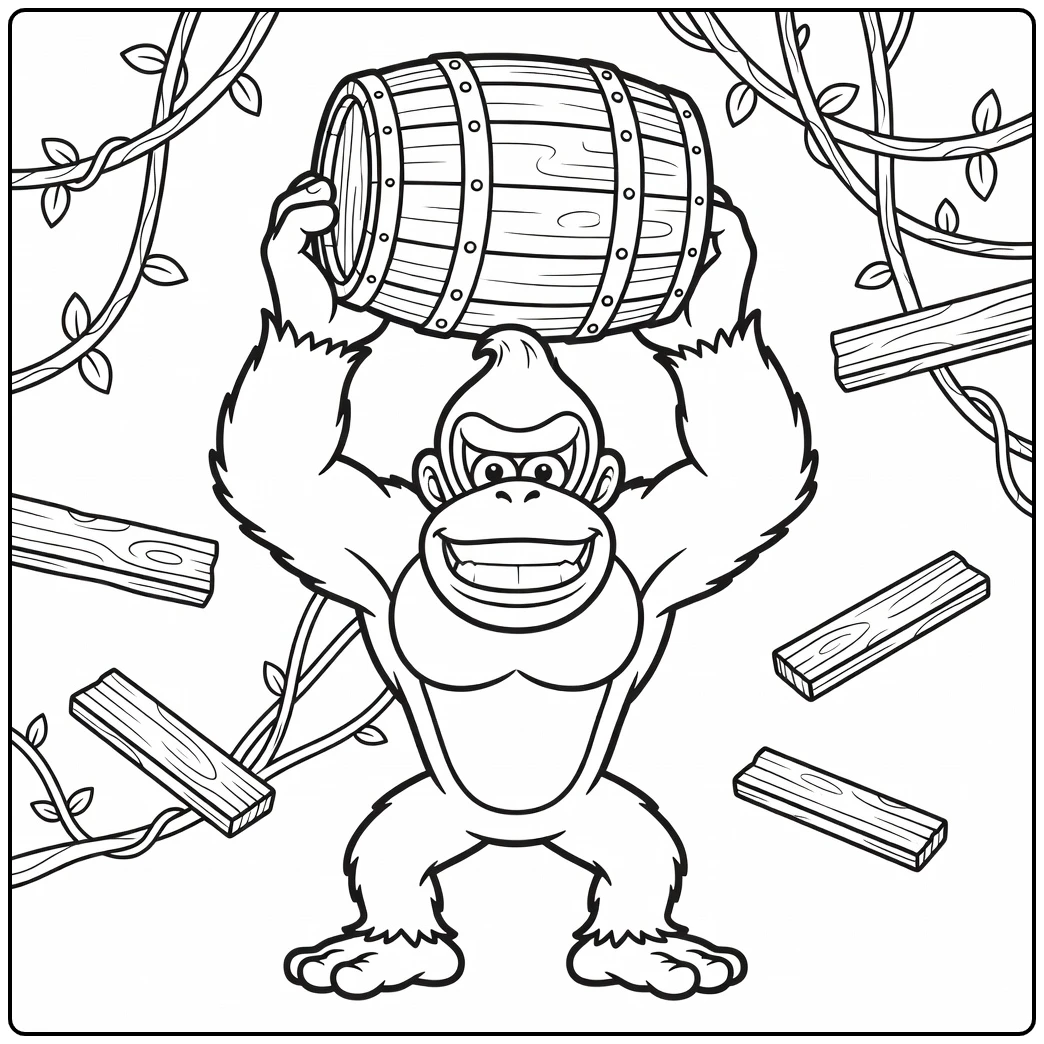 Sterke aap tilt een vat op in deze donkey kong kleurplaat.