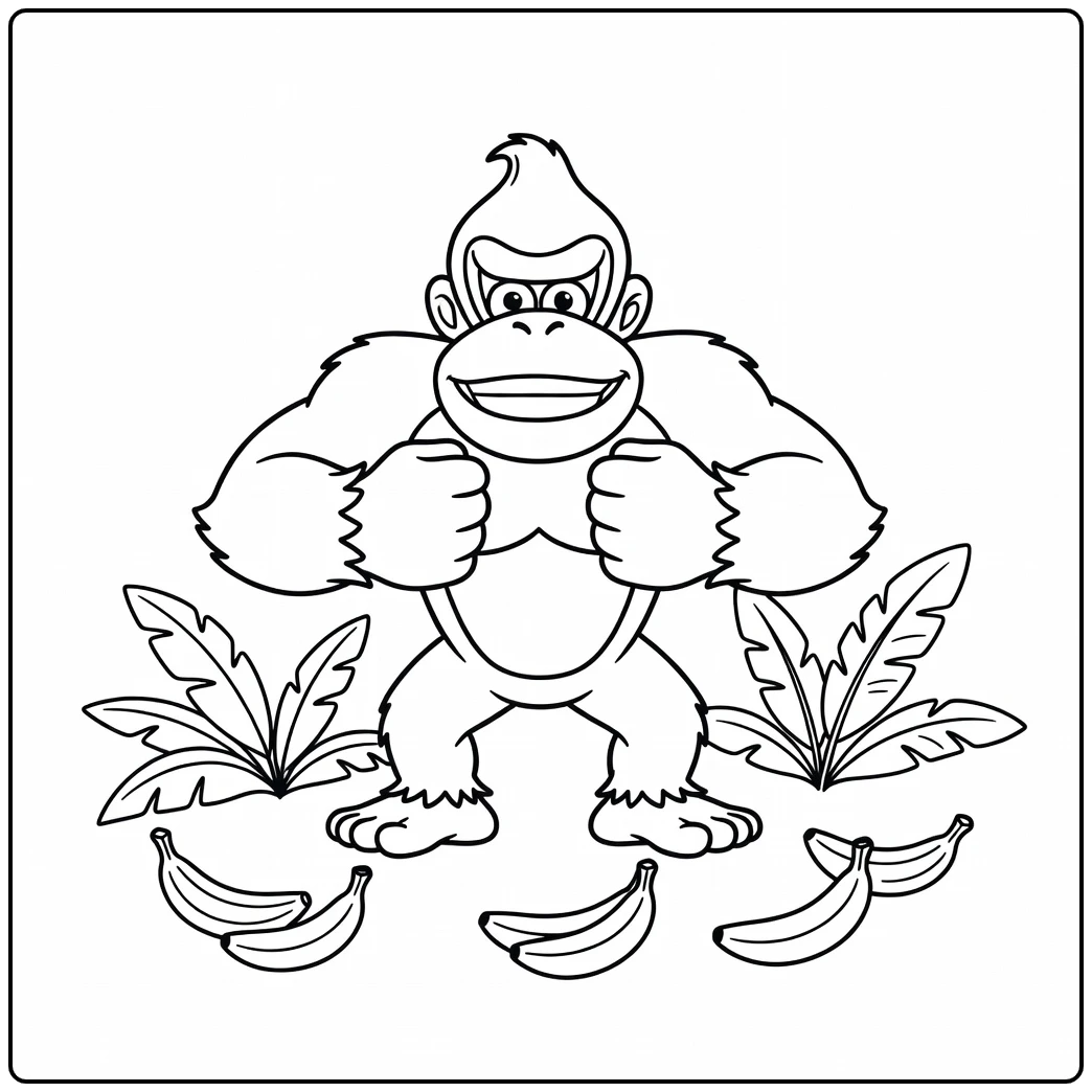 Stoere donkey kong kleurplaat in de jungle met bananen.