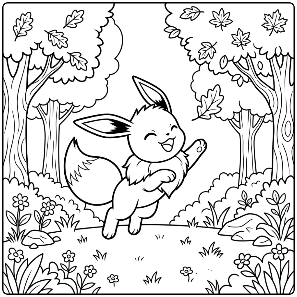 Eevee kleurplaat: blije Eevee springt achter blad aan in bos