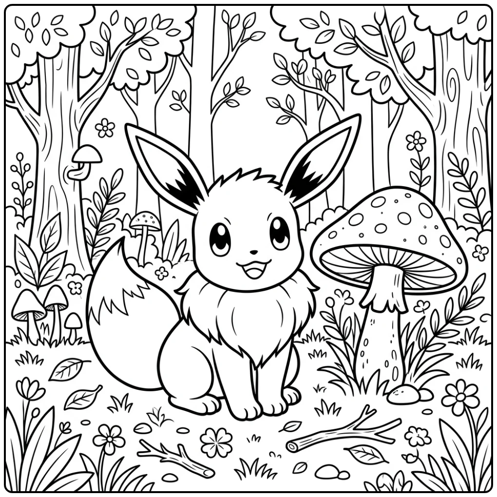Betoverende eevee kleurplaat: Eevee bij paddenstoel in bos.