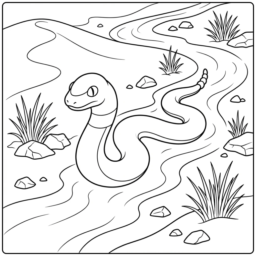 Ekans kleurplaat in een zanderige woestijn met kleine rotsen.