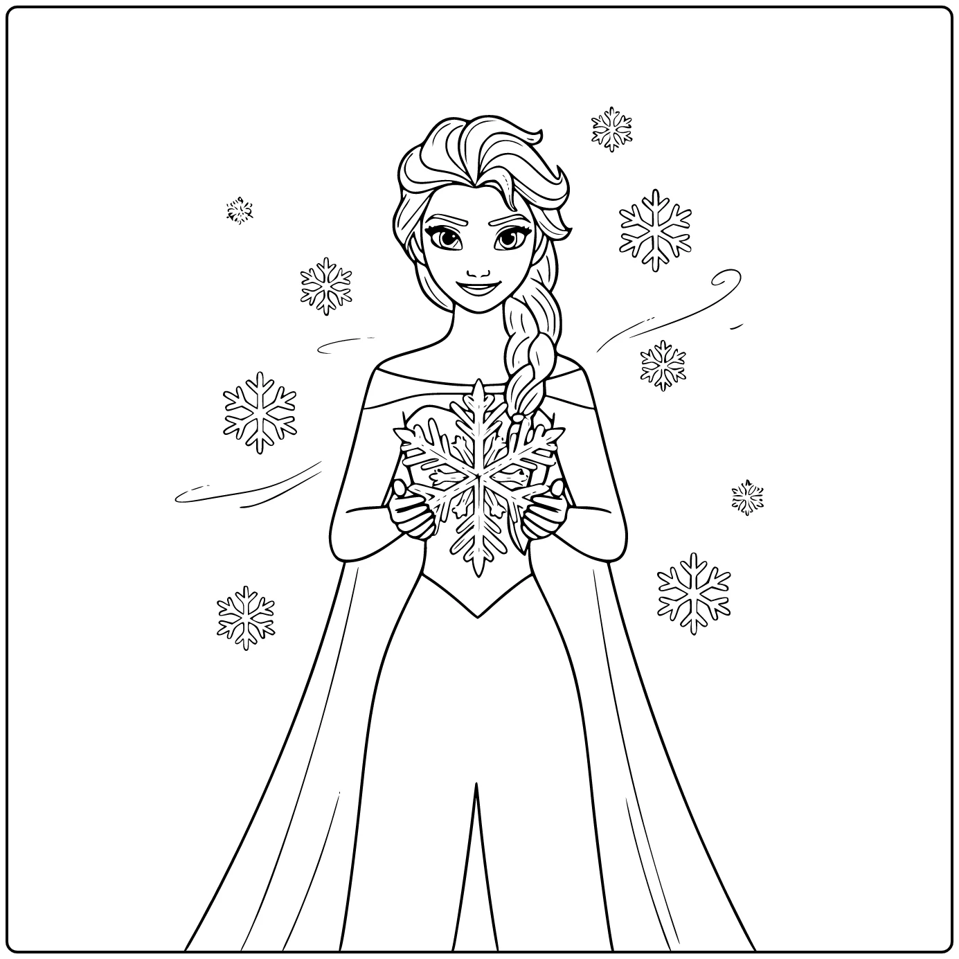 Een mooie elsa kleurplaat makkelijk met een grote sneeuwvlok.