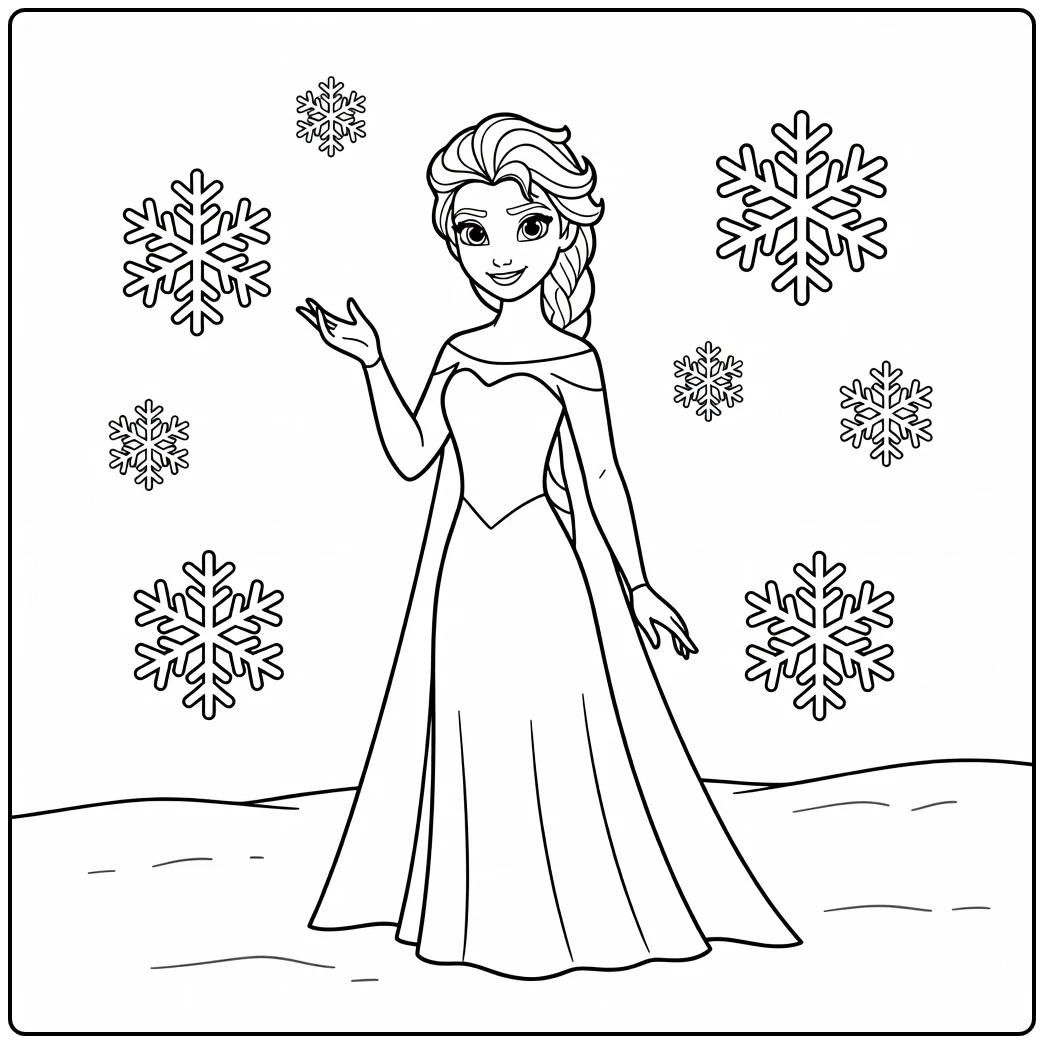 Een elsa kleurplaat makkelijk met lachende Elsa in de sneeuw.