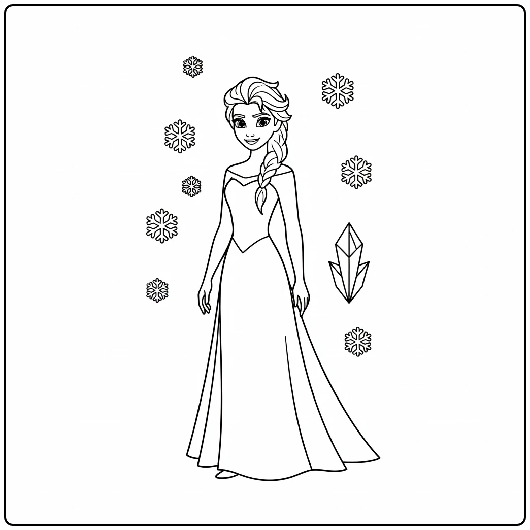 Een elsa kleurplaat makkelijk met sneeuwvlokken en ijs.
