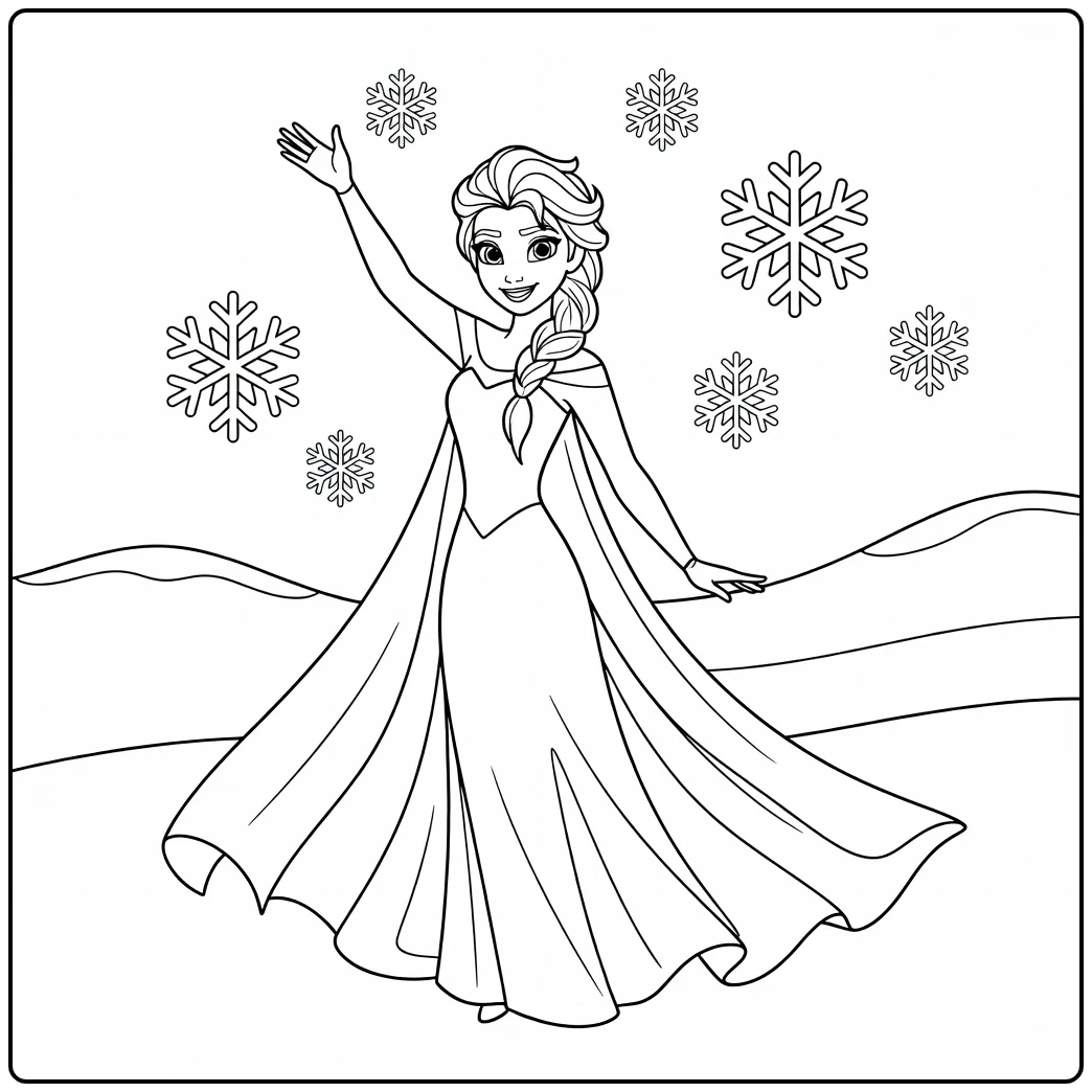 Vrolijke elsa kleurplaat makkelijk met sneeuwvlokken.