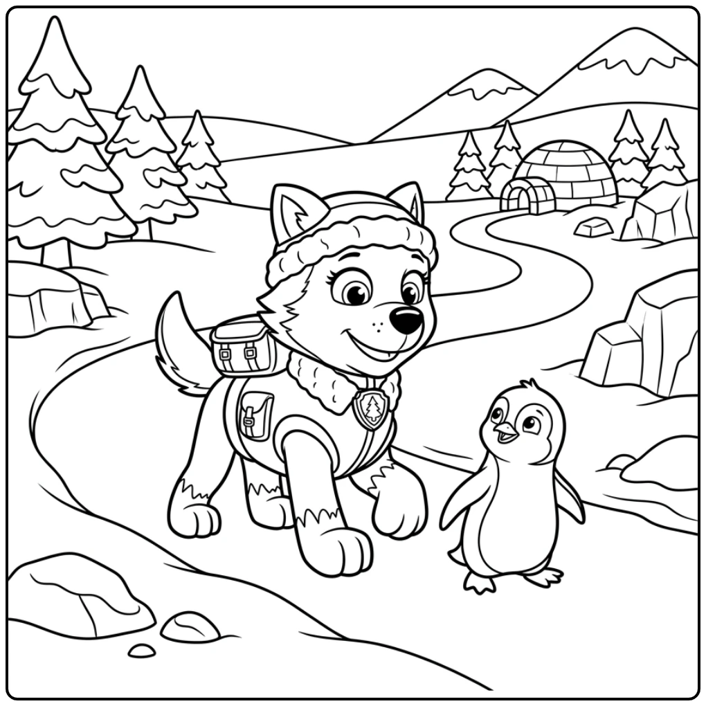 Everest paw patrol kleurplaat: Everest helpt verloren pinguïn op besneeuwd pad.