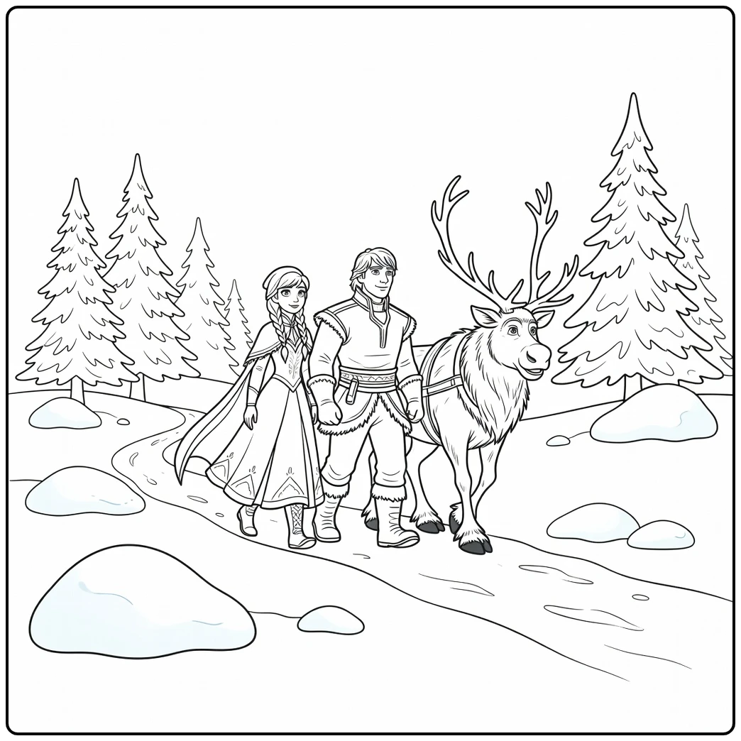 Anna, Kristoff en Sven bos avontuur op deze frozen kleurplaat