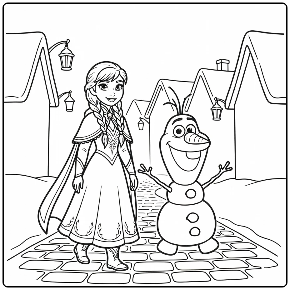 Anna en Olaf wandelen in het dorp op deze frozen kleurplaat.