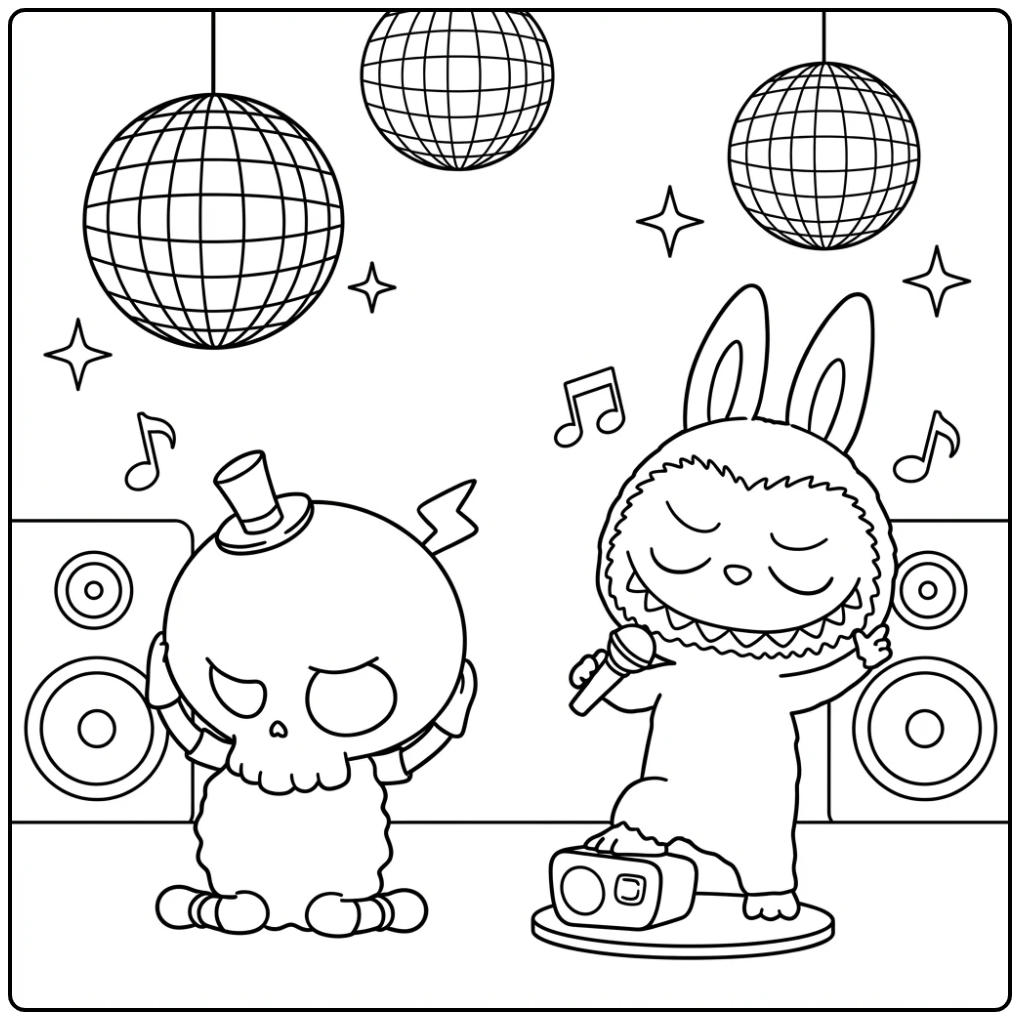 Gekke vrijdag labubu kleurplaat van zingende Labubu op feest.