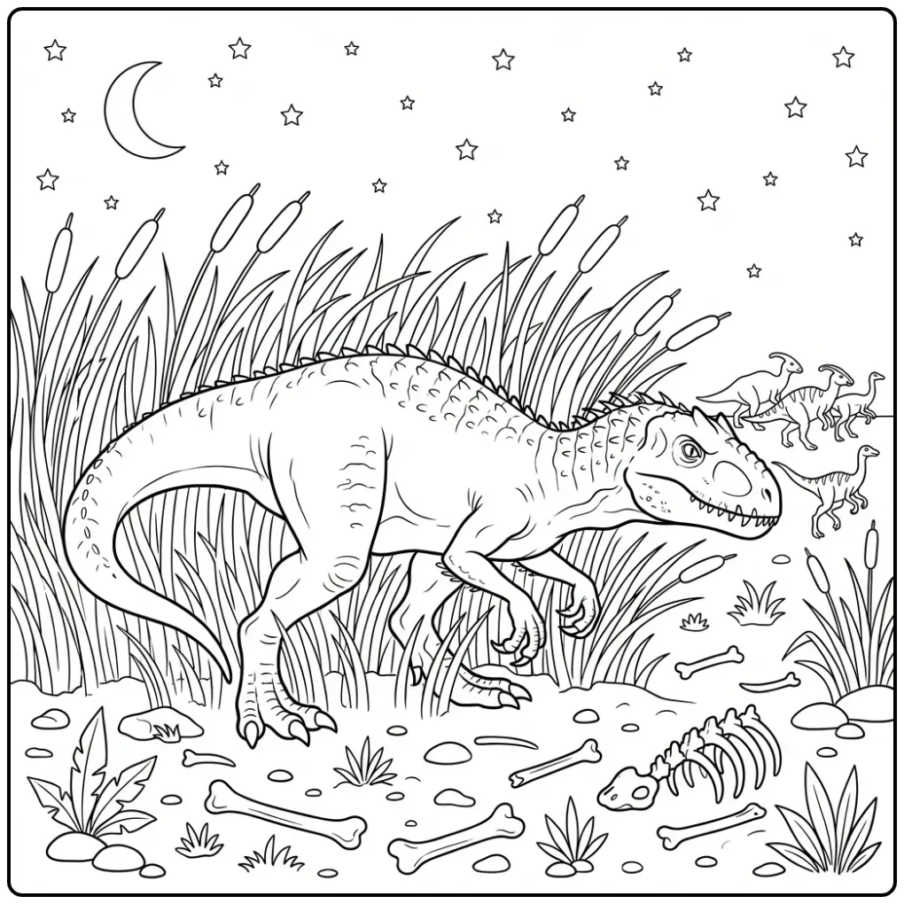 Een schattige indominus rex kleurplaat in het hoge gras.