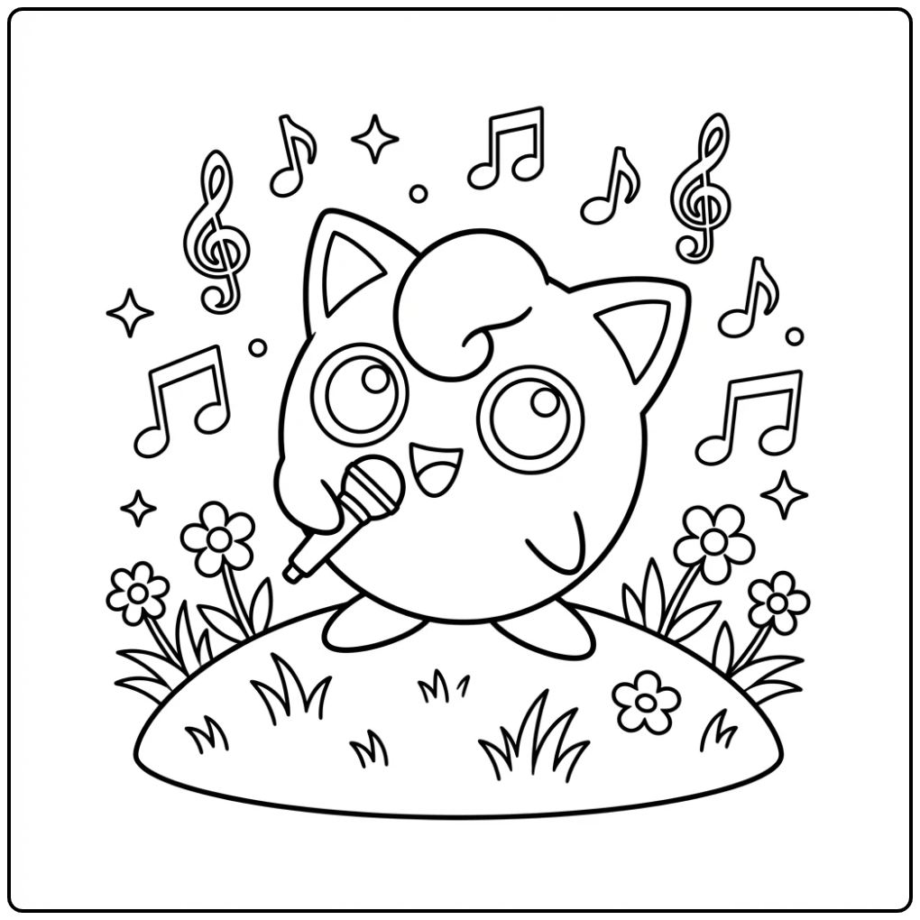 Jigglypuff kleurplaat: zingend op gras met muzieknoten.