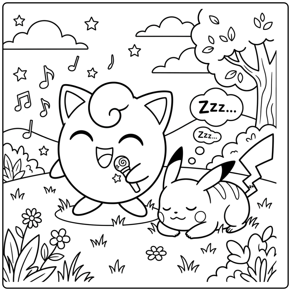 Jigglypuff kleurplaat: zingend voor een slapende Pikachu in het gras.