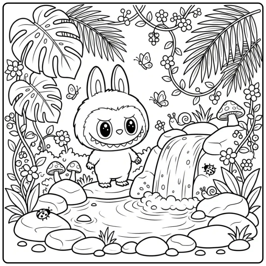 Schattige kawaii labubu kleurplaat bij een kleine waterval.