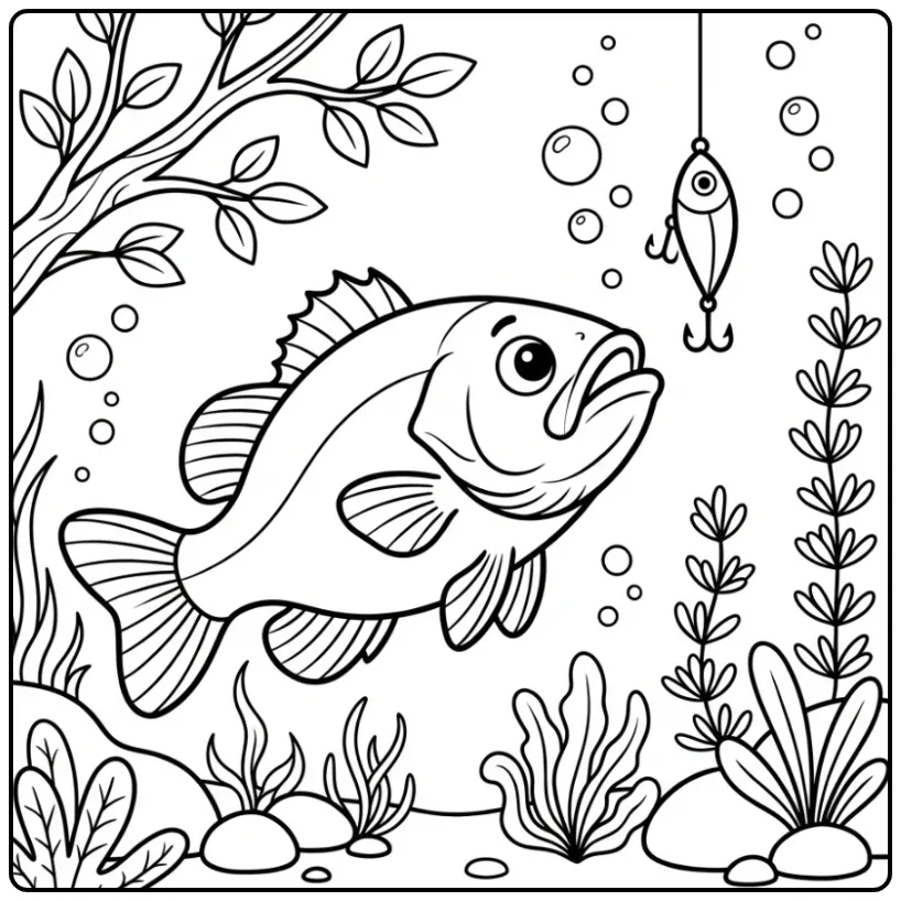 Schattige kleurplaat bas zwemt naar een lokaas.