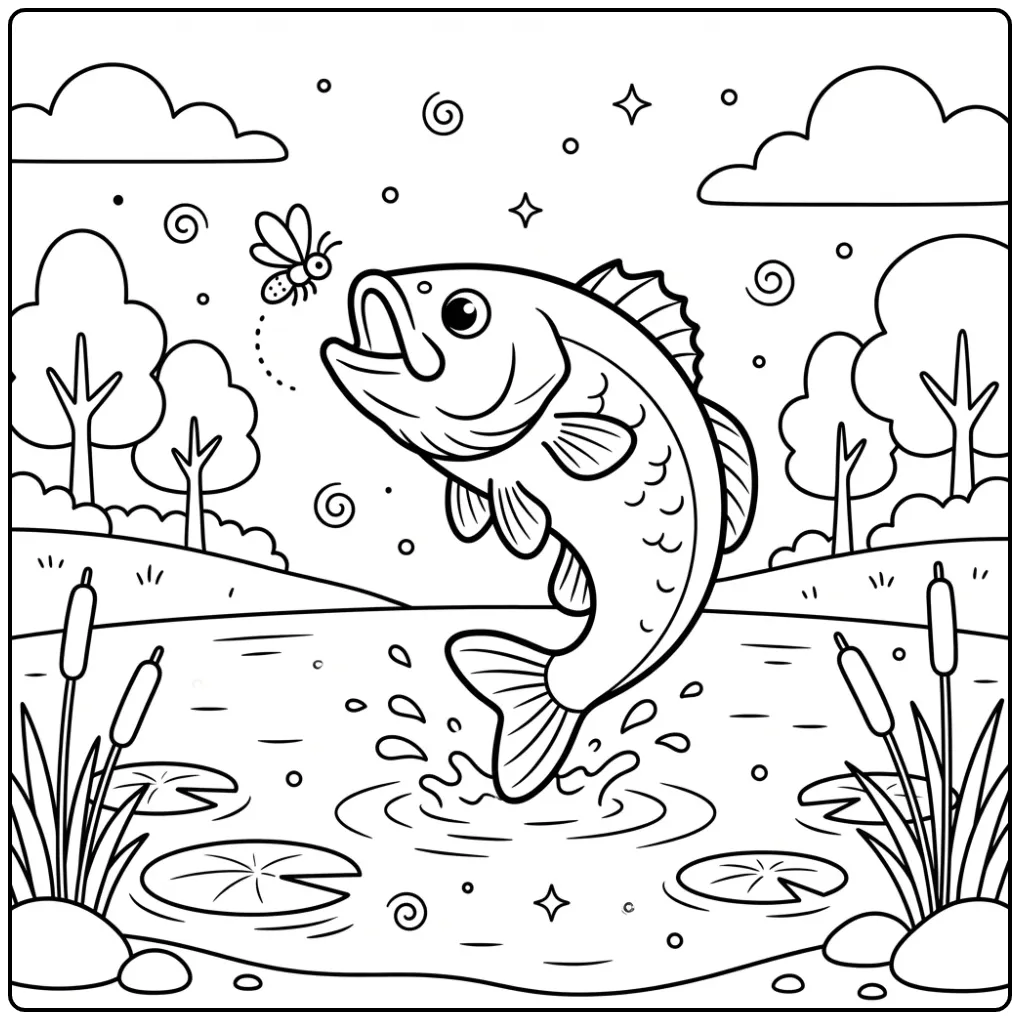 Vrolijke kleurplaat bas die uit het water springt.