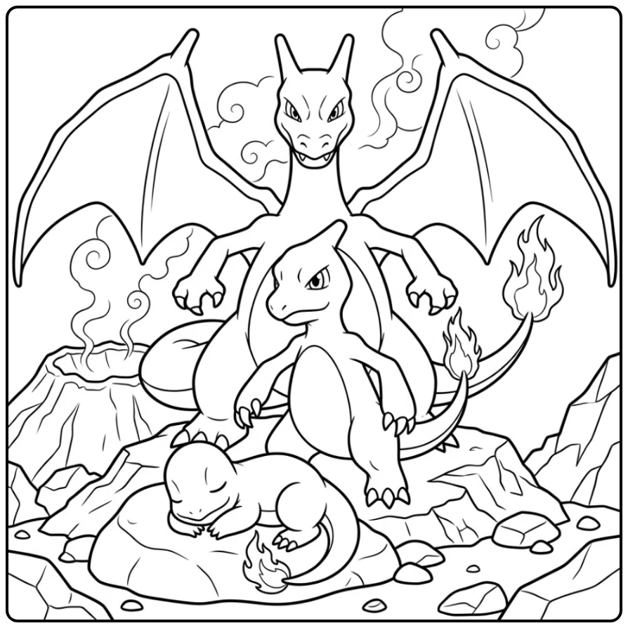 Mooie kleurplaat charmander charmeleon charizard bij vulkaan