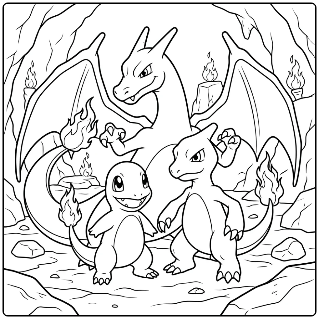 Mooie kleurplaat charmander charmeleon charizard in een grot.