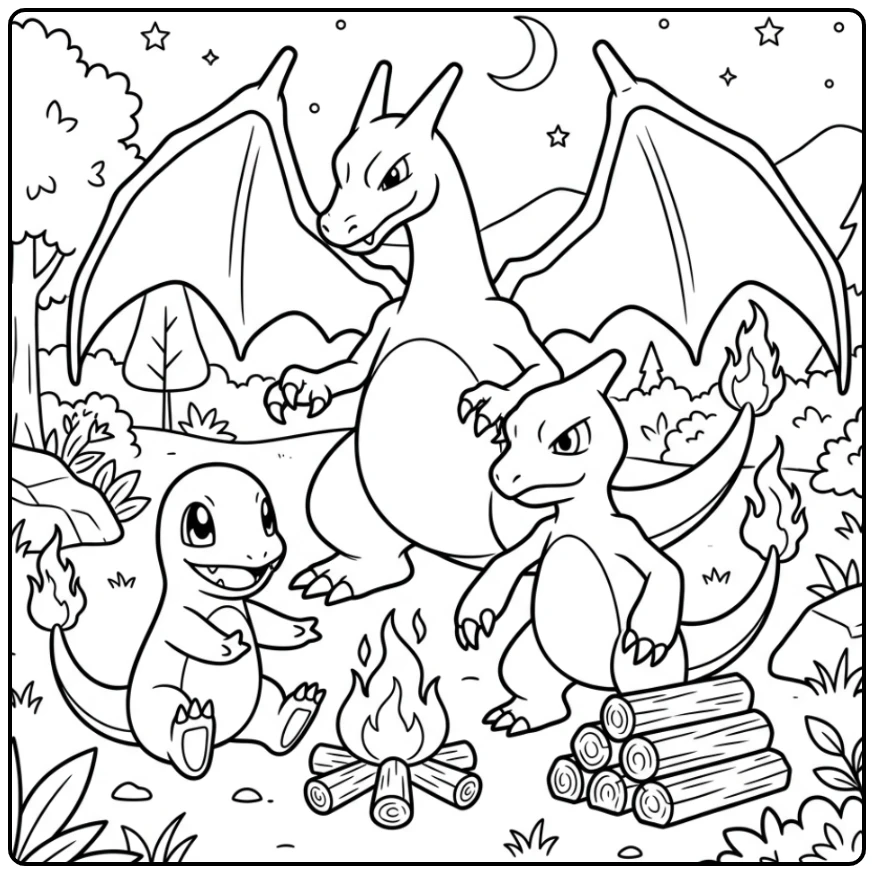 Mooie kleurplaat charmander charmeleon charizard bij vuur.