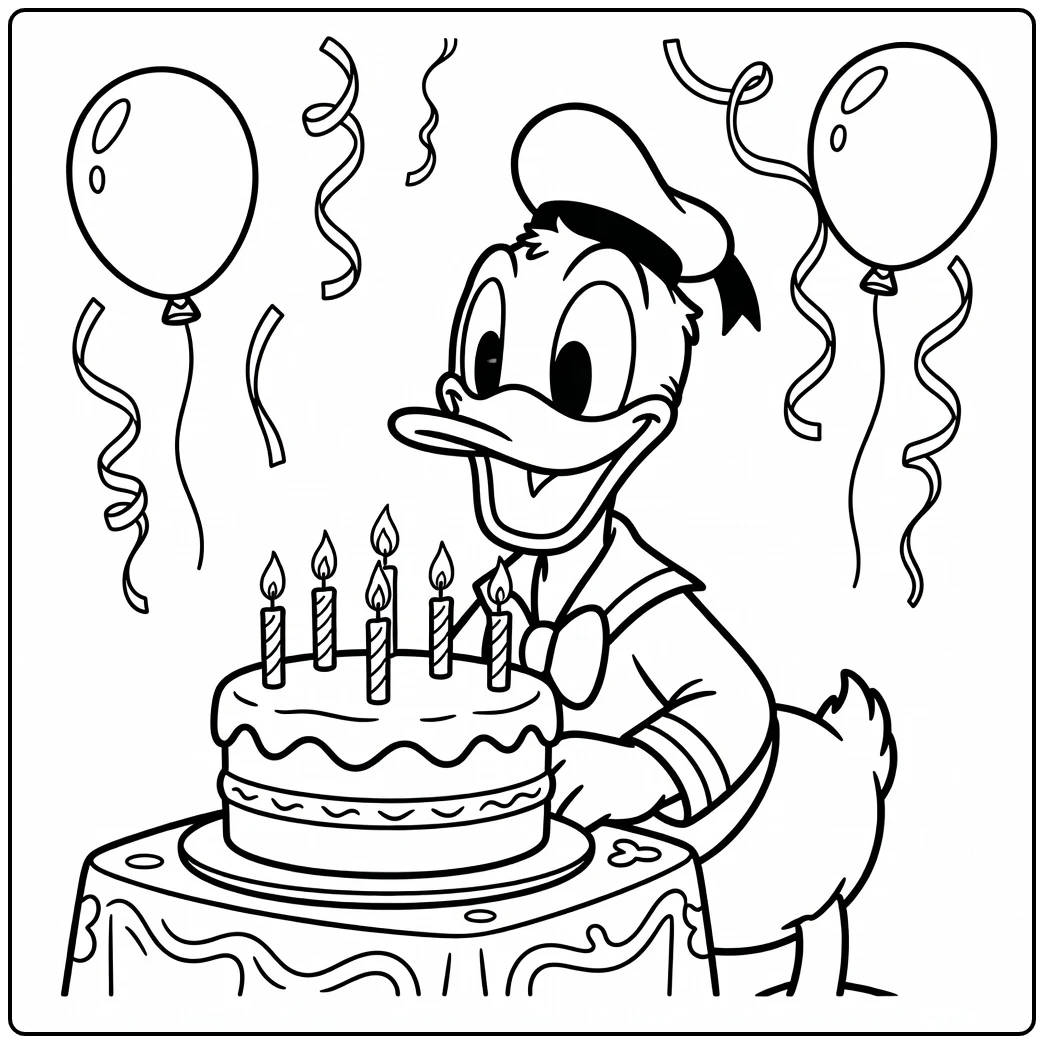 Donald Duck kleurplaat verjaardag: blazend kaarsjes uit op taart.
