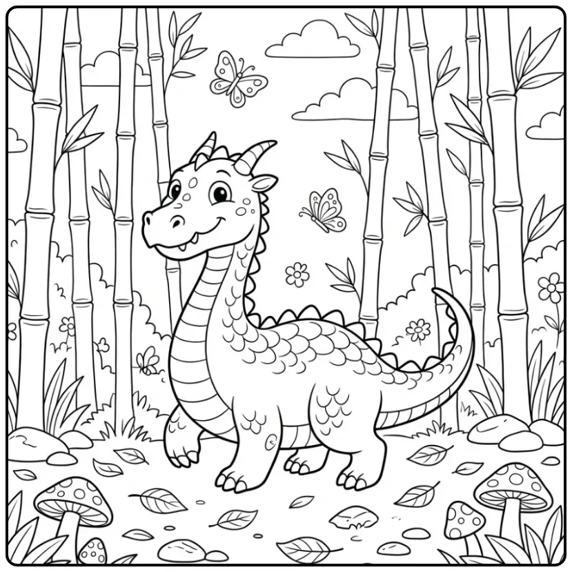 Een schattige kleurplaat draak wandelend in een bamboebos.