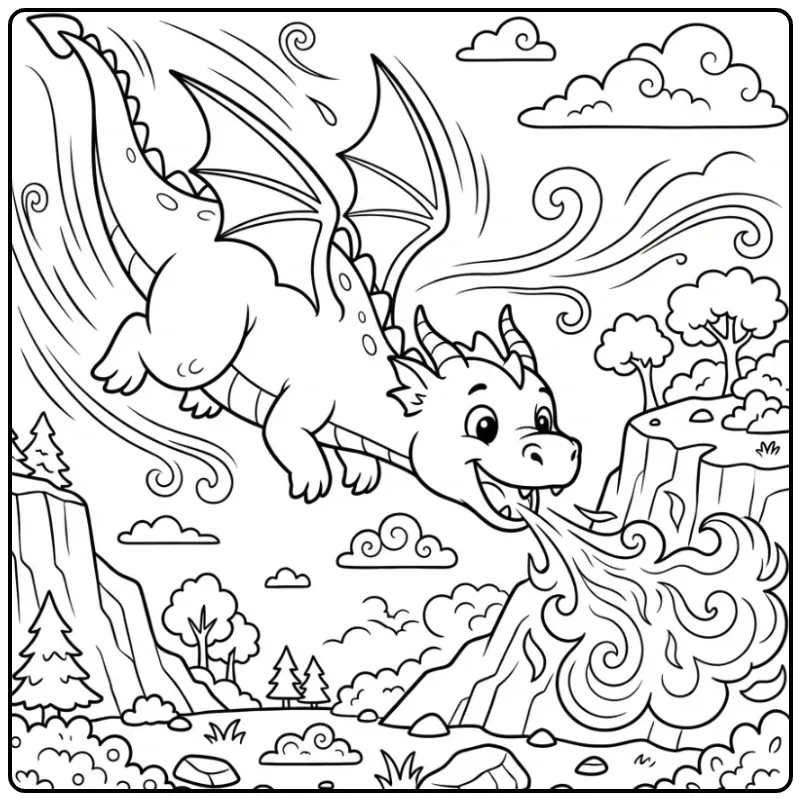 Schattige vliegende kleurplaat draak met vuur en wind.