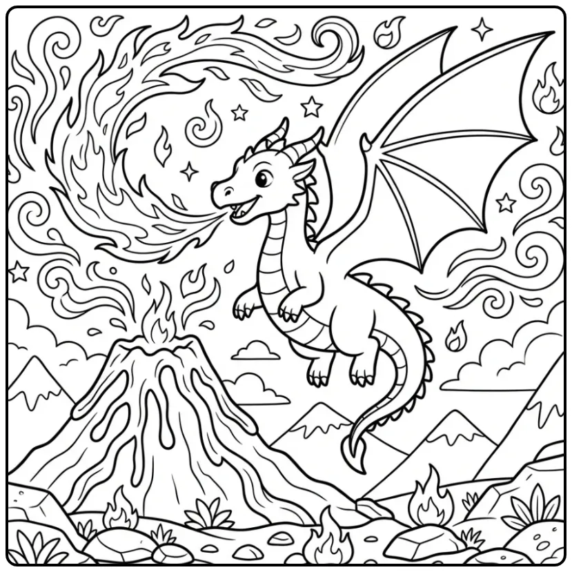 Een kleurplaat draak met vuur vliegend boven een vulkaan.