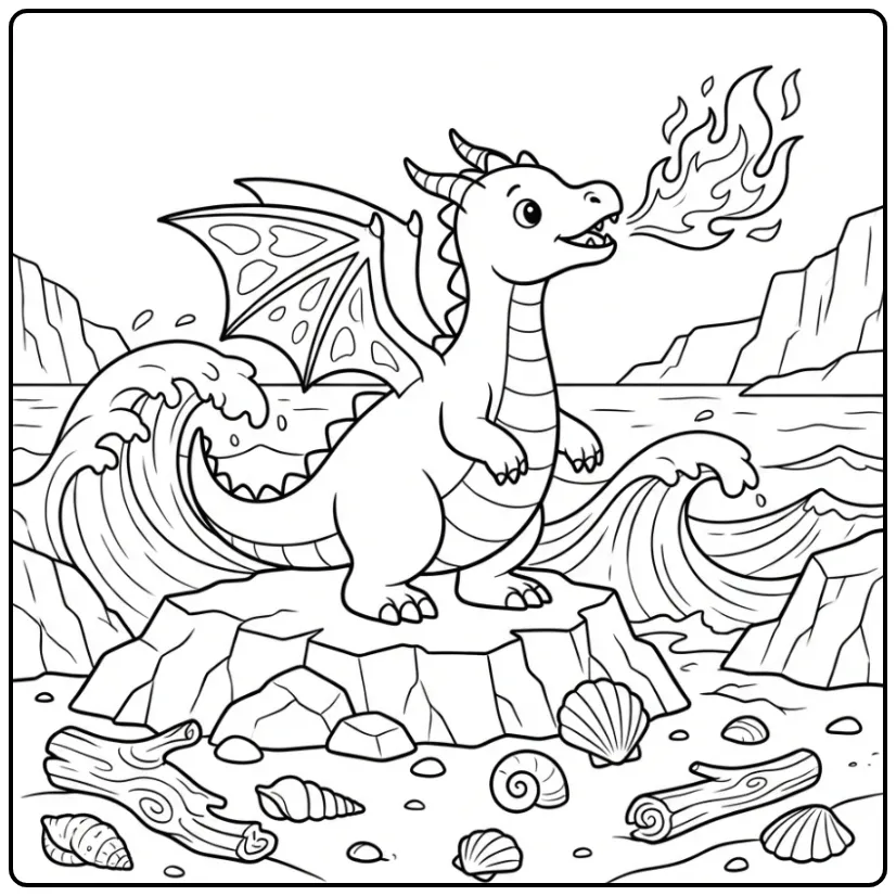 Een kleurplaat draak met vuur op een rotsachtig strand.