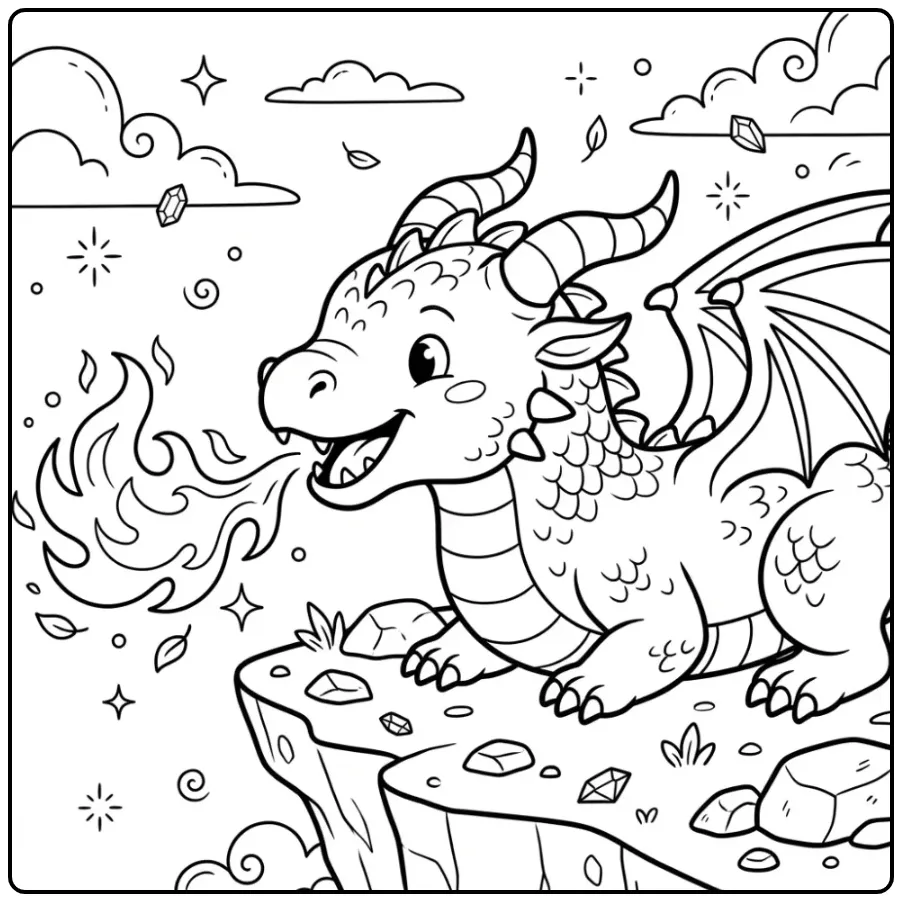 Schattige kleurplaat draak met vuur op een rots.