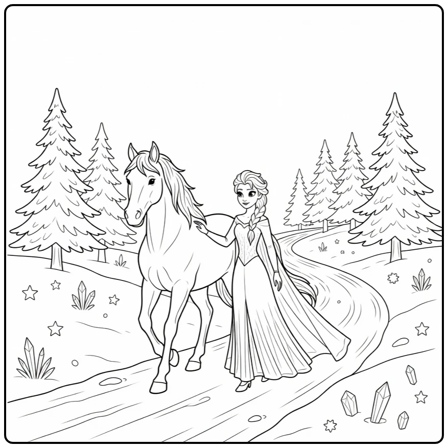 Mooie kleurplaat elsa paard in een besneeuwd bos.