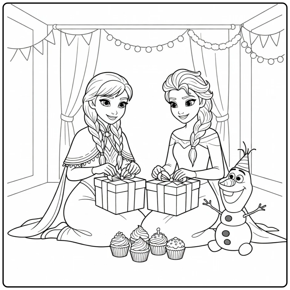 Anna en Elsa op deze kleurplaat frozen verjaardag met Olaf.