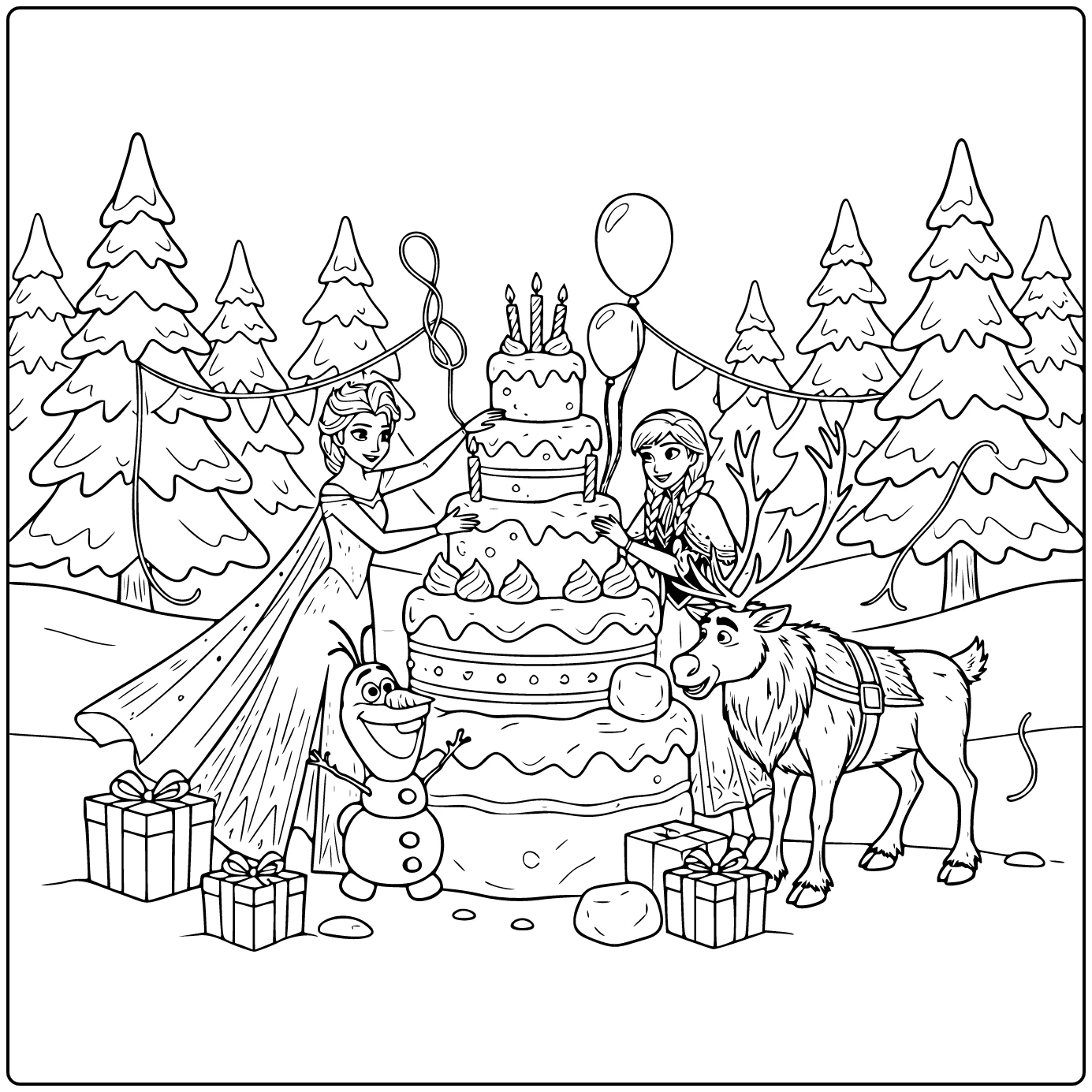 Mooie kleurplaat frozen verjaardag met Elsa en Anna