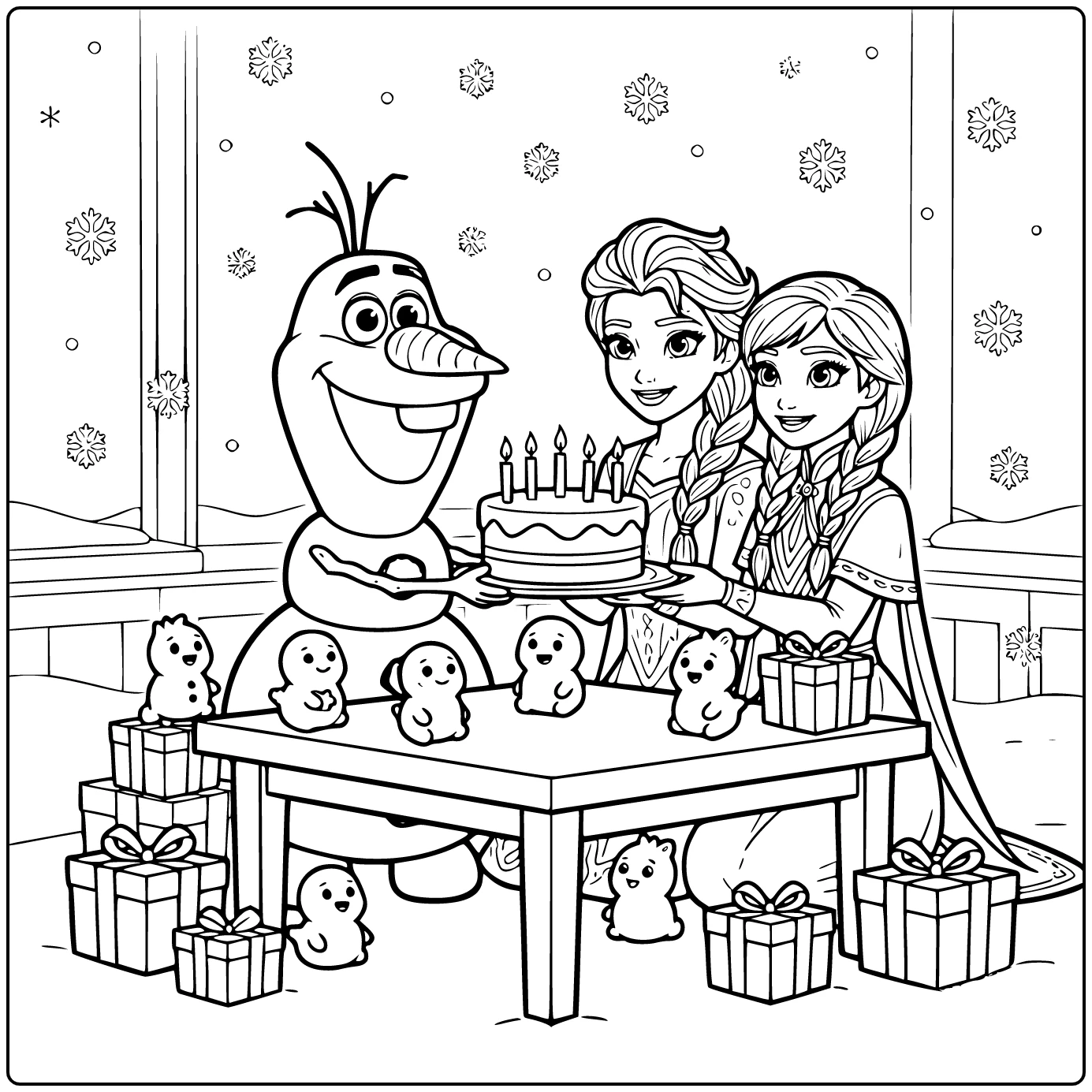 Vrolijke kleurplaat frozen verjaardag met Olaf en taart.