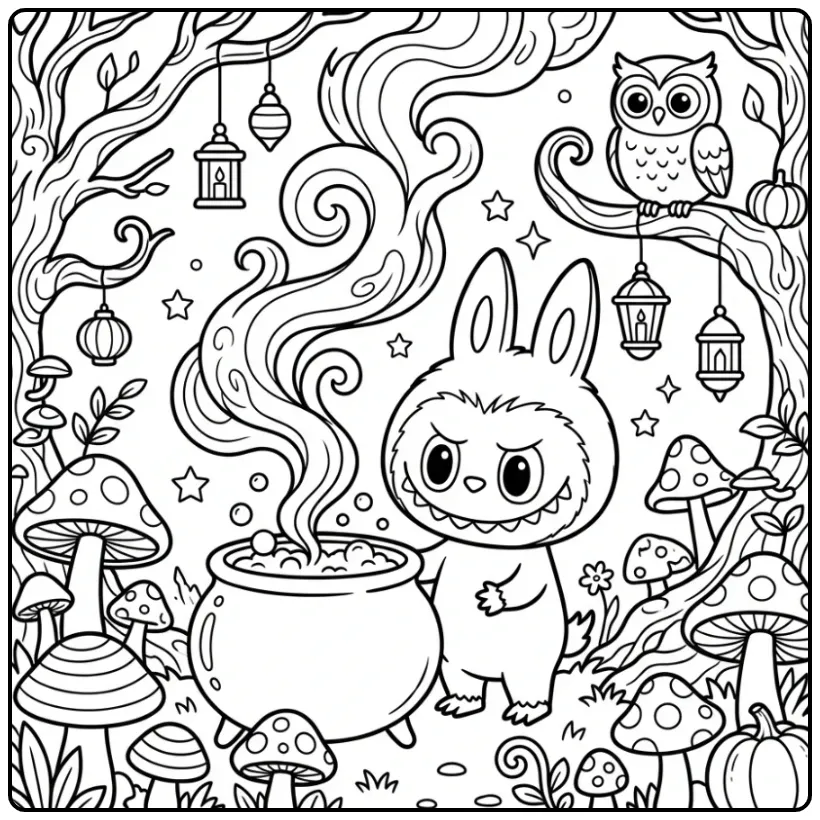 Bos kleurplaat halloween labubu bij toverketel.