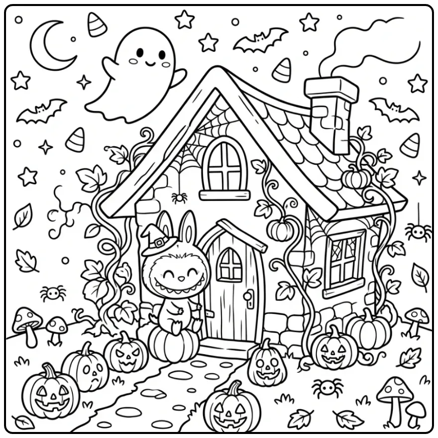 Schattige kleurplaat halloween labubu bij een spookhuisje.