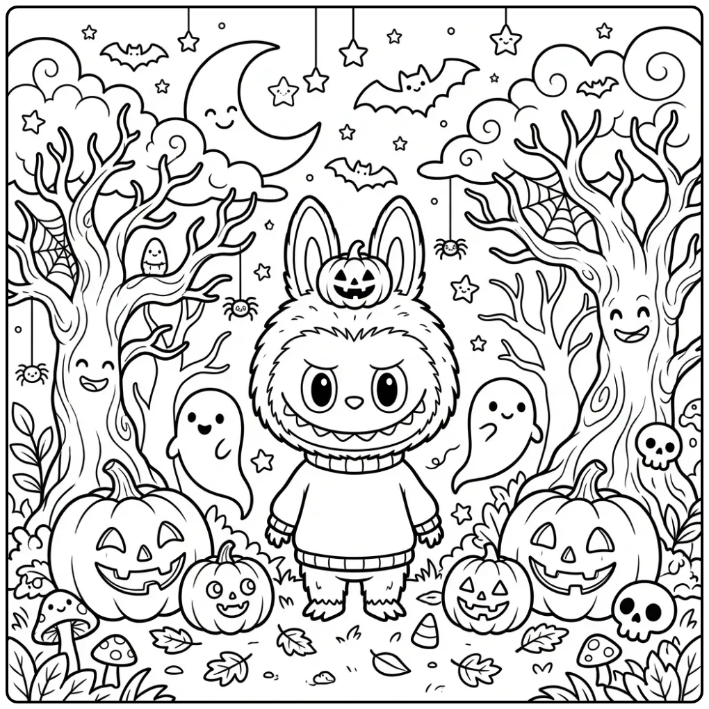 Een schattige kleurplaat halloween labubu in een spookbos.