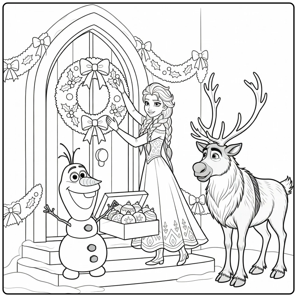 Elsa en Anna hangen een krans op in kleurplaat kerst frozen.